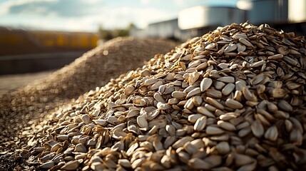 Obraz premium Pile of Sunflower Seeds at an Outdoor Processing Facility Harvest Concept