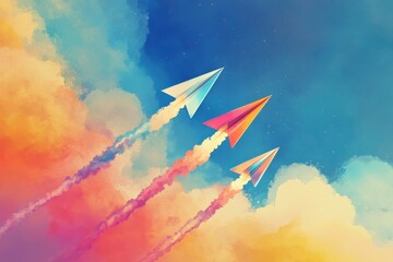 Fototapeta premium Three vibrant paper airplanes soaring through the sky, leaving colorful smoke trails behind