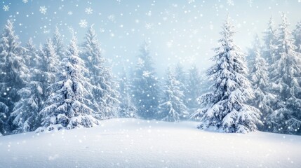 Obraz premium Serene winter landscape featuring snow covered fir trees and gentle snowflakes for holiday greetings