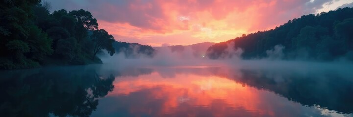 Fototapeta premium Dark waters of a river at dawn with mist rising from the surface, mist, fog, dawn
