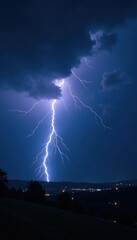 Dark stormy night with lightning illuminating the dark sky, atmospheric, electric, darkness