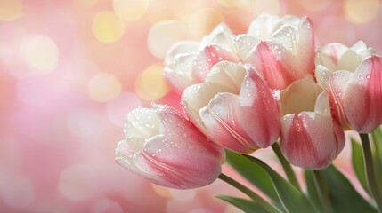 Obraz premium Delicate tulip blooms with raindrops against a soft blurred backdrop