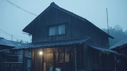 Fototapeta premium Rainy Day in a Japanese Village: A Mystical Wooden House