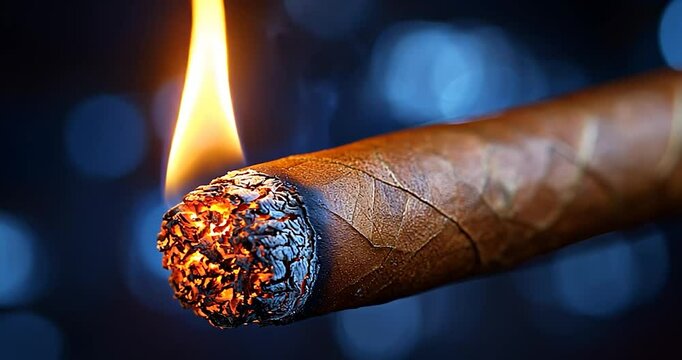 Close Up Tobacco Cigar Lighting With Dark Blue Background Bokeh Effects And Details Of Smoke And Glow. A Detailed Shot Of The Cigar Lighting Process. High Quality Macro Photography. High Quality