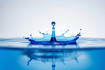 Ein einzelner blauer Tintenklecks trifft auf eine Wasseroberfläche und erzeugt eine symmetrische, kronenförmige Spritzform. 
