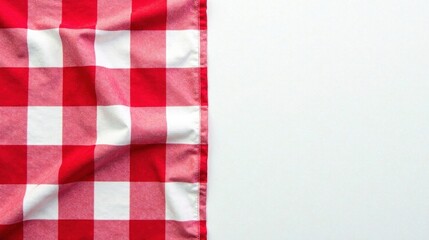 Fototapeta premium Red and white checkered tablecloth draped on a plain background, perfect for showcasing food or products