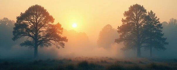 Obraz premium Foggy forest at dawn with warm beige light filtering through, watercolor, mist, dusk