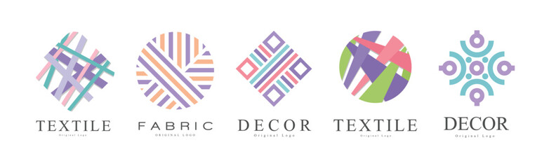 Fabric and Textile Abstract Logo Design with Embroidery Ornament Vector Set