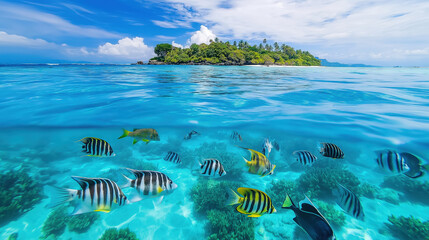 Naklejka premium tropical island in the ocean with tropical fish swimming underwater, professional travel phtography, perfect diving destination, summer vacation travel poster