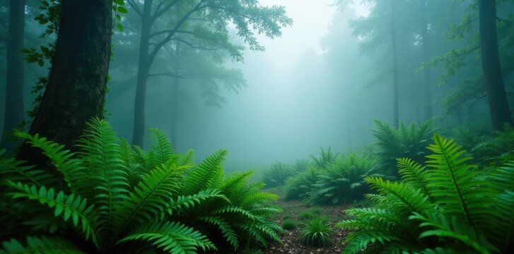 Fog-shrouded ferns sway gently in windless forest air, fog rolling in, atmospheric