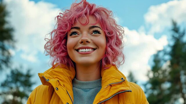 A plus-sized girl with pink hair is joyfully grinning in the outdoors.