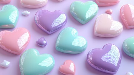 Obraz premium Colorful and Glossy Heart-shaped Objects on a Soft Pastel Background - A Visual Celebration of Love and Affection