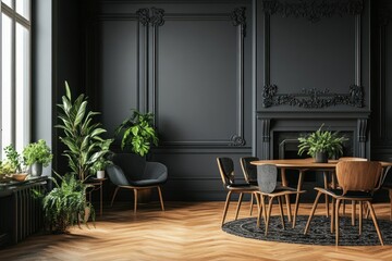 Fototapeta premium Modern elegant dining room with dark walls, hardwood floors, and plants.