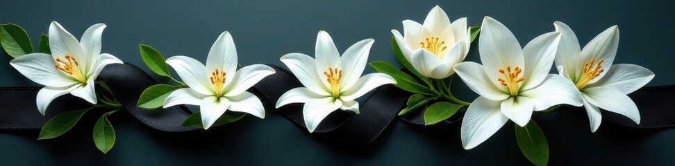 Fototapeta premium Elegant black ribbon entwined with pristine white lilies , funeral, floral arrangement