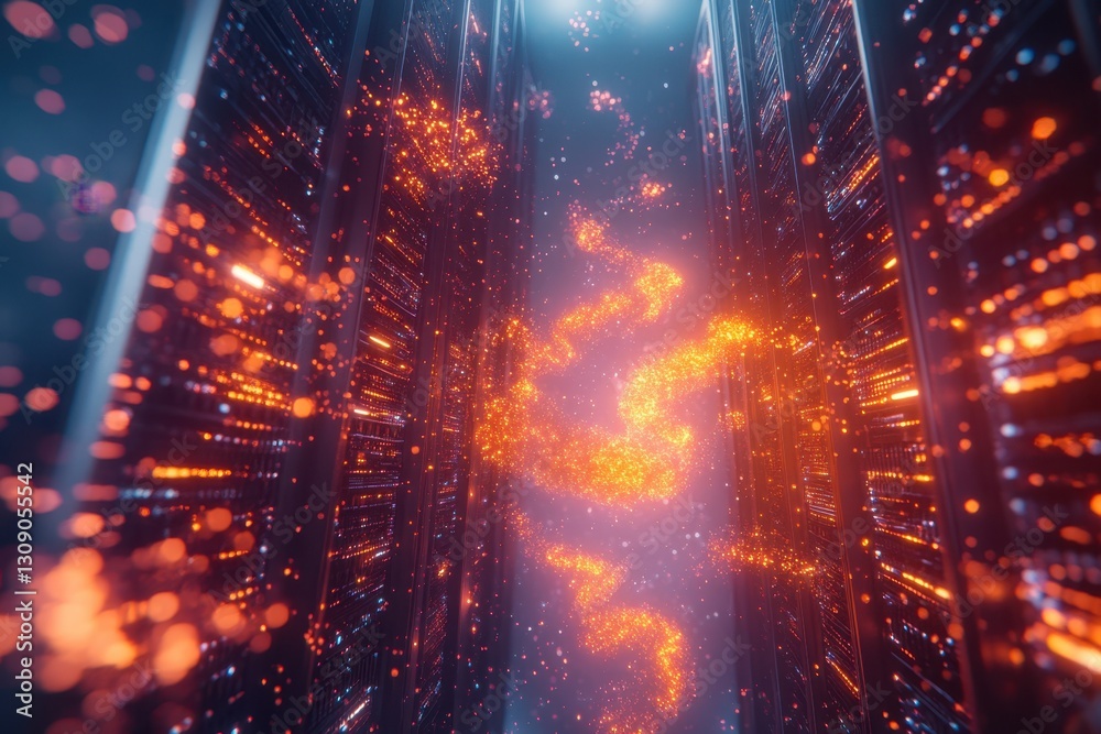 Poster dynamic visualization of data flow through vibrant server corridors