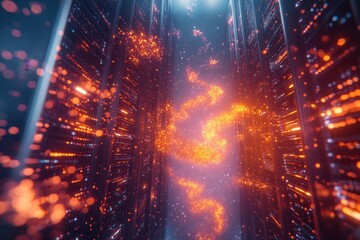 Dynamic visualization of data flow through vibrant server corridors