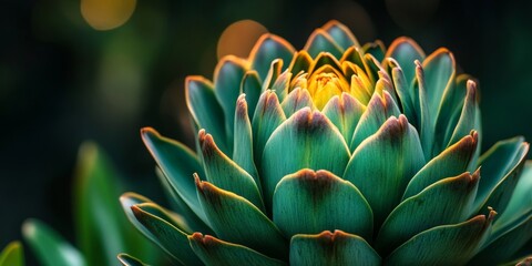 Fototapeta premium Vibrant Green Artichoke Blooming in Garden, Edible Flower Close-Up , Nature Agriculture Freshness,