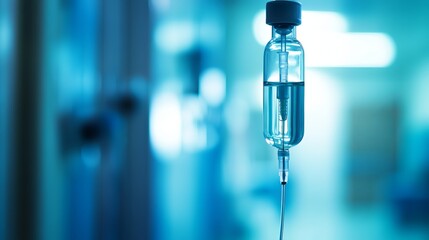 Medical IV Drip Bag Hospital Healthcare Infusion Treatment Fluid Blue Background Sterile Clean Medicine Solution Transparent Container Intravenous    