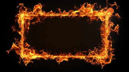 Fiery rectangle outline with dynamic burning flames on dark backdrop
