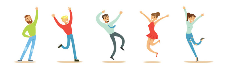Happy Man and Woman Character Rejoicing Feel Happiness Vector Set