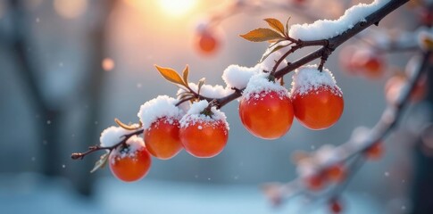 Persimmon tree sways in the soft morning snow, branch, cold, natural