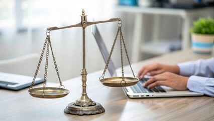 Desk scene featuring a balance scale with a person typing on a laptop in the background.