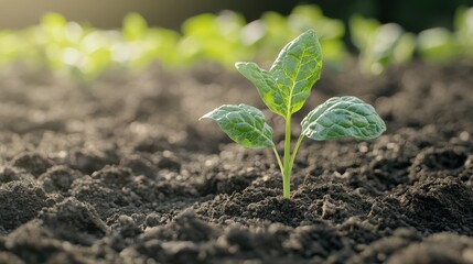 Close up of fresh young spinach plant with water drops thriving in garden bed, organic farming