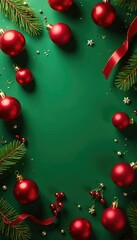Naklejka premium Shiny red balls scattered on a green festive decoration background, holiday cheer, red ribbon