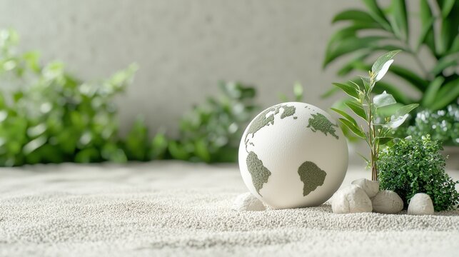 Eco-friendly concept with globe and plants on textured surface representing sustainability and nature.