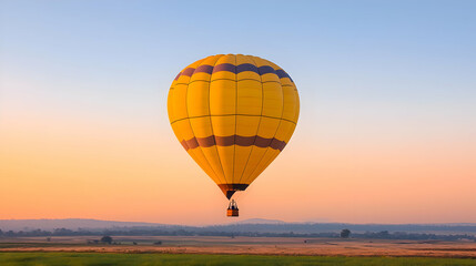 Obraz premium Yellow Hot Air Balloon Floating Above the Field at Sunset with Orange Sky