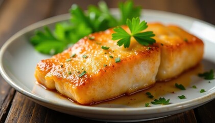 Golden-brown crispy fish fillet, parsley sprig , cuisine, food, background