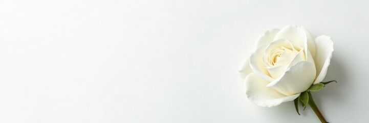 Single bloom of white rose on white background, gardenia, petals