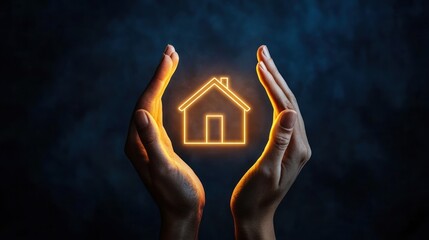 Hands safeguarding glowing house outline, symbolizing home security and protection