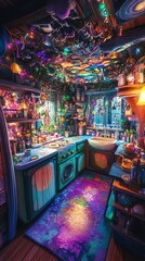 Vibrant, eclectic kitchen interior.  Bohemian decor with colorful lights, quirky details, and a magical atmosphere.