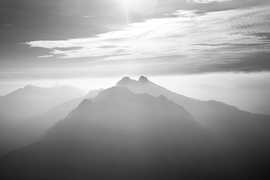 Misty Mountain Peaks in Soft Light, Black and White Landscape