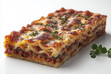 Savory lasagna layered with rich meat sauce and creamy cheese on a clean white surface