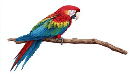 Obraz premium A vibrant macaw perched on a branch, showcasing its stunning multicolored feathers in a tropical setting.