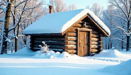 Snow-covered shed with chopped wood and a wooden door, snowy landscape, snowy shed