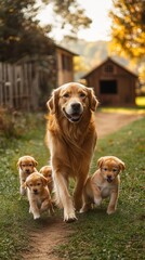 Golden Retriever leads playful puppies through a sunny countryside garden