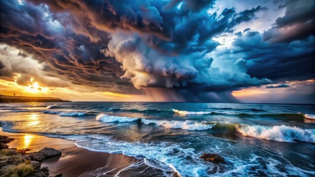 Dramatic ocean thunderstorm: pre-storm seascape with menacing clouds and churning waves.