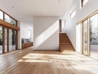 Obraz premium Modern empty house interior with wooden floors and stairs. Sunlight streams through large windows.