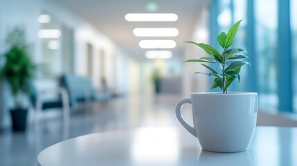A clean, welcoming hospital reception area in the foreground, with an unfocused hospital corridor and soft lighting that enhances the professional, modern feel the space