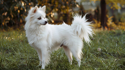 American Indian Spitz dog with a pure white coat, captured in a full-body portrait with a soft and fluffy appearance.