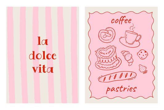 Set of hand drawn vintage posters in dolce vita style. Whimsical drawings of coffee and pastries. Breakfast, lunch, dinner concept. Contemporary art vector illustrations
