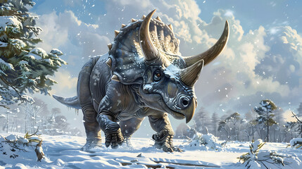 An adult Triceratops in the snow with its head raised high, showcasing its powerful horns and thick, scaly skin.