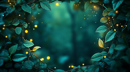 Dark Green Foliage Frame with Glowing Bokeh Lights Creates Enchanting Forest Atmosphere