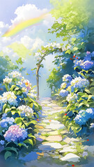 Obraz premium 輝く青空と咲き誇る紫陽花 梅雨の美しさを描いた水彩画