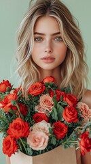 Blonde woman holding roses, studio shot