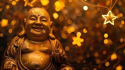 A golden statue of the Laughing Buddha with a warm, inviting smile,  set against a blurry background of twinkling lights and stars.