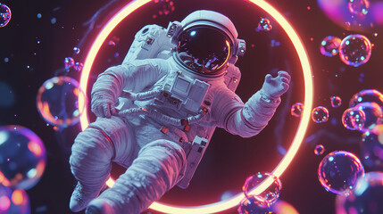Futuristic astronaut floating in deep space surrounded by glowing neon light ring and iridescent bubbles in a cosmic galaxy with vibrant colors and dreamy atmosphere